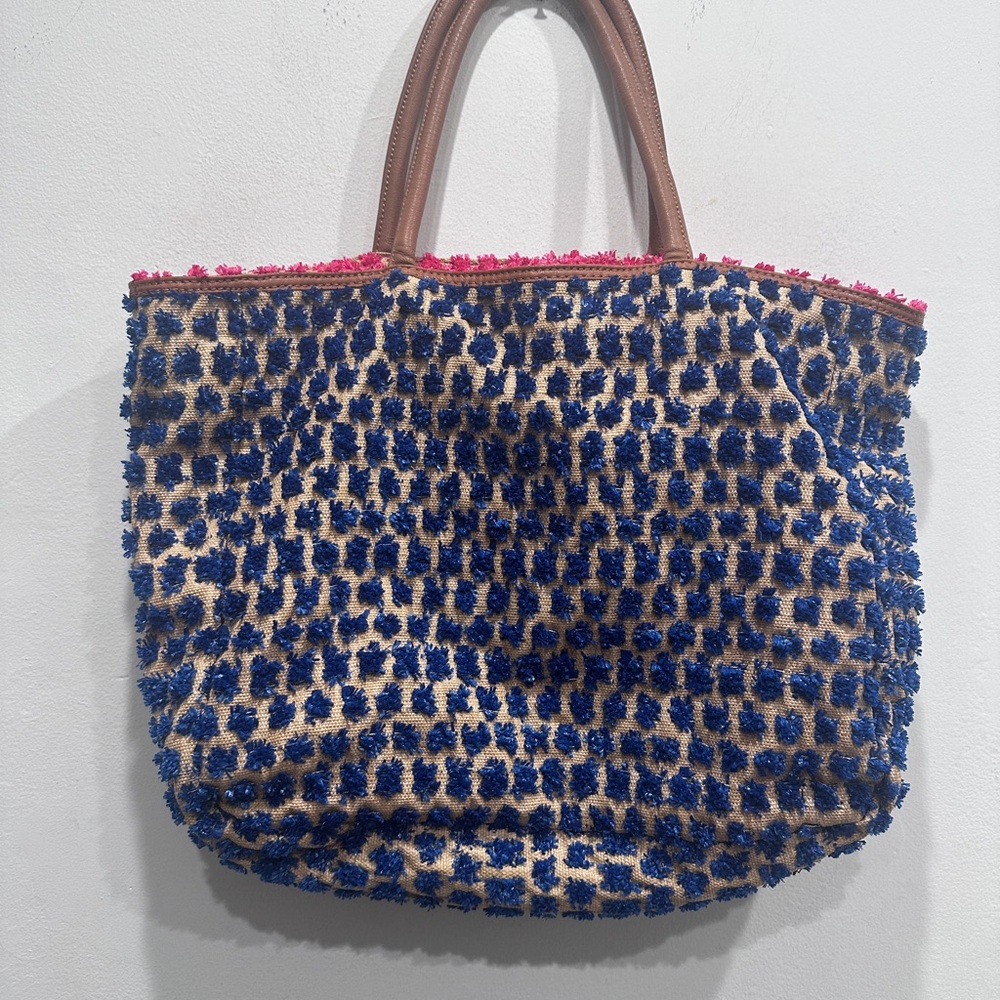 Anthropologie Miss Albright Speciality Pom burst tote bag travel woven blue red